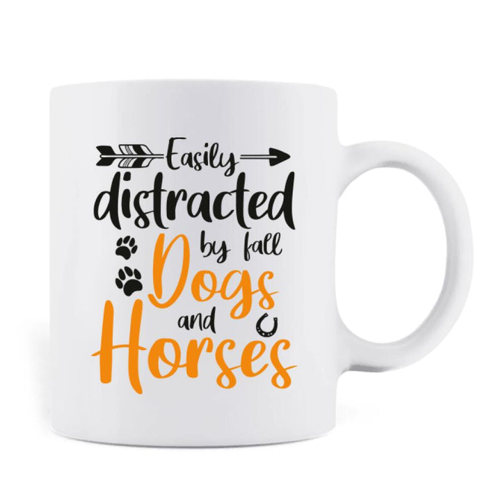 Custom Personalized Horse Dog Mom In Autumn Mug - Upto 3 Horses/ Dogs - Easily Distracted By Fall Dogs And Horses