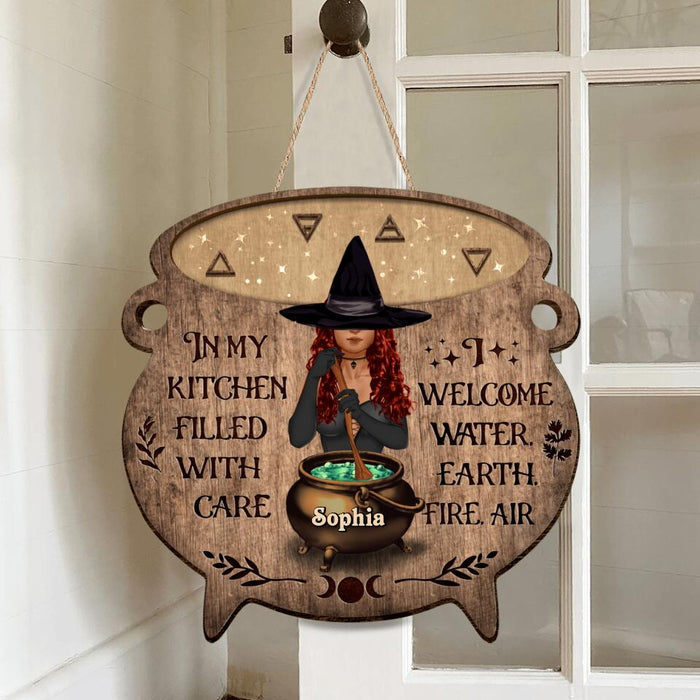 Custom Personalized Witch Wooden Sign - Halloween Gift Idea For Friends/Wiccan Decor/Pagan Decor - In My Kitchen Filled With Care I Welcome Water Earth Fire Air