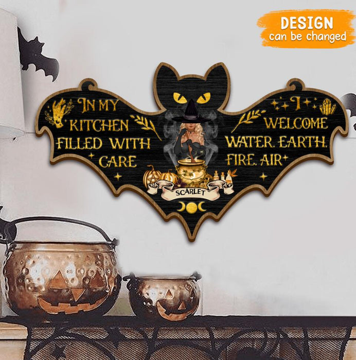 Custom Personalized Witch Wooden Sign - Gift Idea For Halloween/ Home Decor - In My Kitchen Filled With Care, I Welcome Water, Earth, Fire, Air