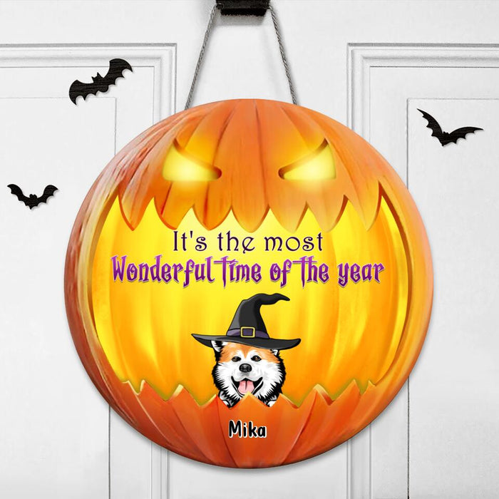 Custom Personalized Halloween Dog Wooden Sign - Up to 6 Dogs - Halloween Decoration For Dog Lovers - It's  The Most Wonderful Time Of The Year