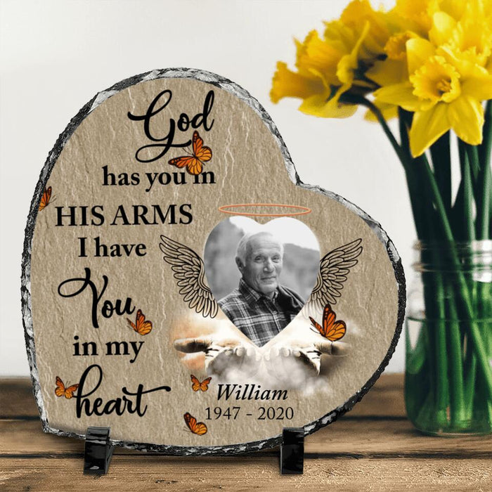 Custom Personalized Photo Memorial Heart Lithograph - Memorial Gift Idea For Family's Member/Father's Day - God Has You In His Arms, I Have You In My Heart