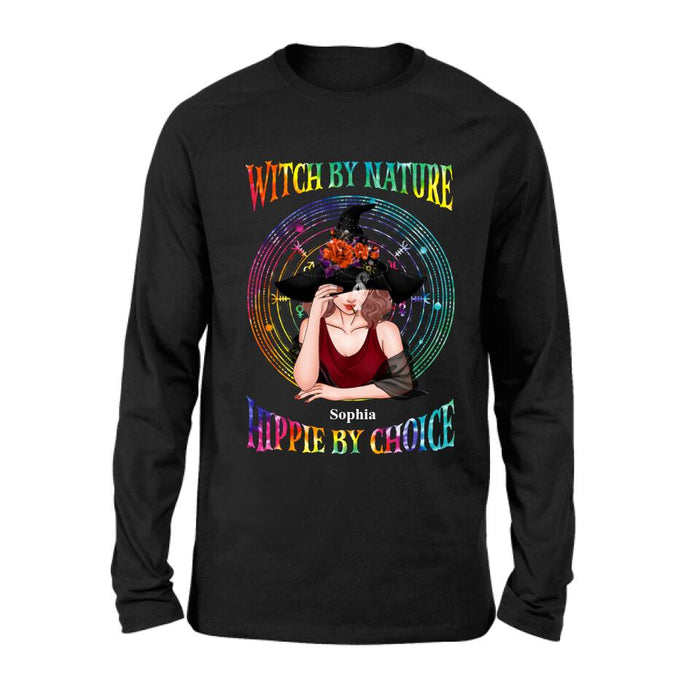 Custom Personalized Witch T-shirt/ Long Sleeve/ Sweatshirt - Halloween Gift Idea - Witch By Nature, Hippie By Choice