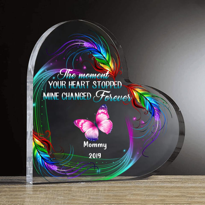 Custom Personalized Memorial Butterfly Feather Pattern Crystal Heart - Memorial Gift Idea For Family's Member - The Moment Your Heart Stopped Mine Changed Forever