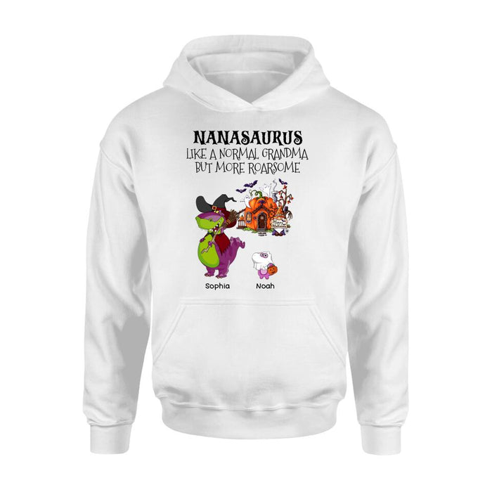 Custom Personalized Nanasaurus T-shirt/ Long Sleeve/ Sweater/ Hoodie - Gift Idea For Halloween/ Grandma - Grandma With Upto 6 Kids - Nanasaurus Like A Normal Grandma But More RoarSome