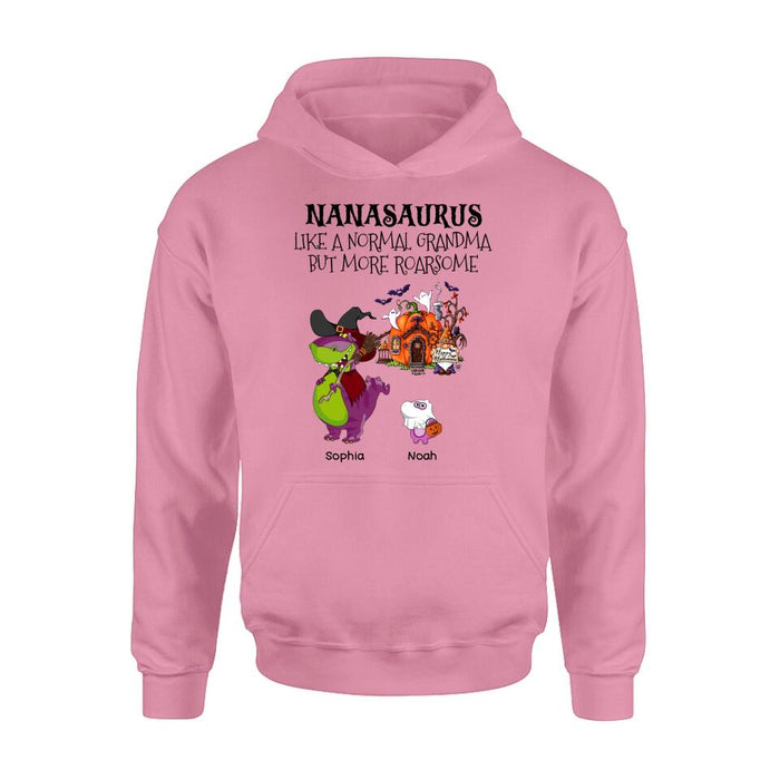 Custom Personalized Nanasaurus T-shirt/ Long Sleeve/ Sweater/ Hoodie - Gift Idea For Halloween/ Grandma - Grandma With Upto 6 Kids - Nanasaurus Like A Normal Grandma But More RoarSome