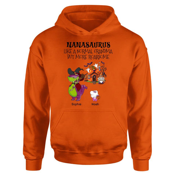 Custom Personalized Nanasaurus T-shirt/ Long Sleeve/ Sweater/ Hoodie - Gift Idea For Halloween/ Grandma - Grandma With Upto 6 Kids - Nanasaurus Like A Normal Grandma But More RoarSome