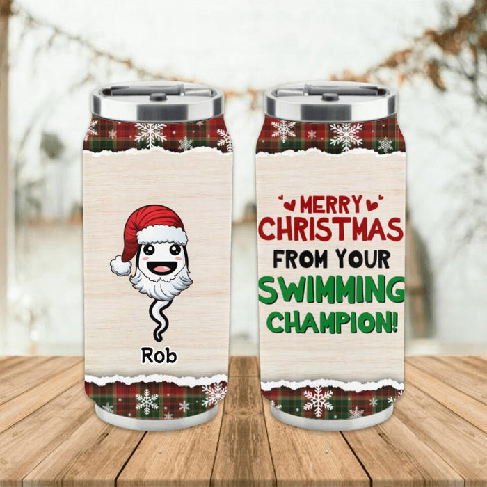 Custom Personalized Dad Soda Can Tumbler - Upto 7 Kids - Christmas Gift Idea For Father - Merry Christmas From Your Swimming Champion