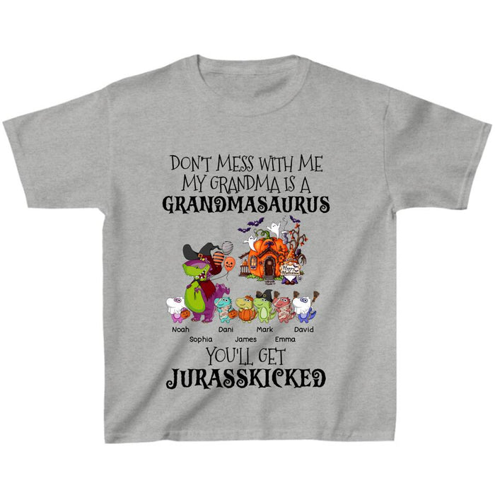 Custom Personalized Dino Kid T-shirt - Halloween Gift Idea For Kid From Grandma - Grandma With Upto 6 Kids - Don't Mess With Grandmasaurus, You'll Get Jurasskicked