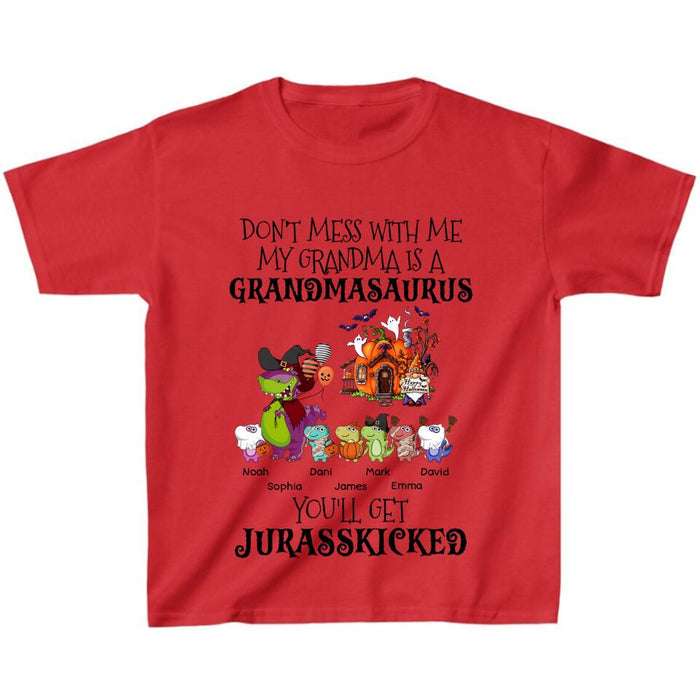 Custom Personalized Dino Kid T-shirt - Halloween Gift Idea For Kid From Grandma - Grandma With Upto 6 Kids - Don't Mess With Grandmasaurus, You'll Get Jurasskicked