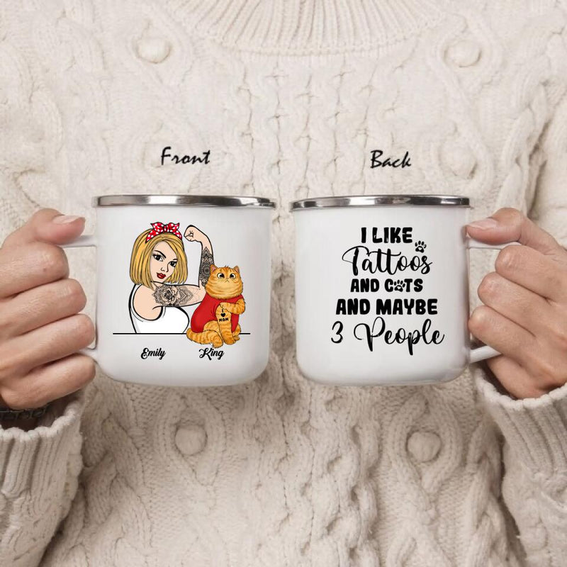 Personalized Cat Mom Enamel Mug - Up to 3 Cats - I Like Tattoos And Cats And maybe 3 People
