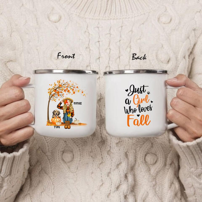Personalized Fall Dog Mom Enamel Mug - Up to 4 Pets - Best Gift For Dog Lovers - Just A Girl Who Loves Fall - MTJKZW