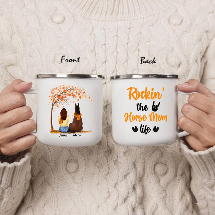 Personalized Horse Mom In Autumn Enamel Mug - Girl With Up to 3 Horses - Best Gift For Horse Lover - Rocking The Horse Mom Life