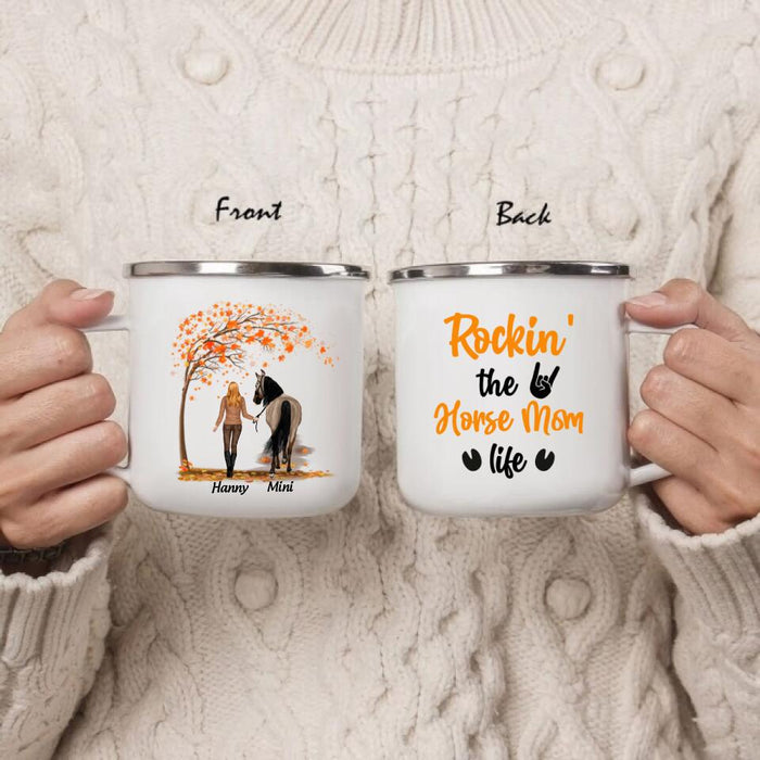 Personalized Horse Mom In Autumn Enamel Mug - Girl With Up to 2 Horses - Best Gift For Horse Lover - Rocking The Horse Mom Life