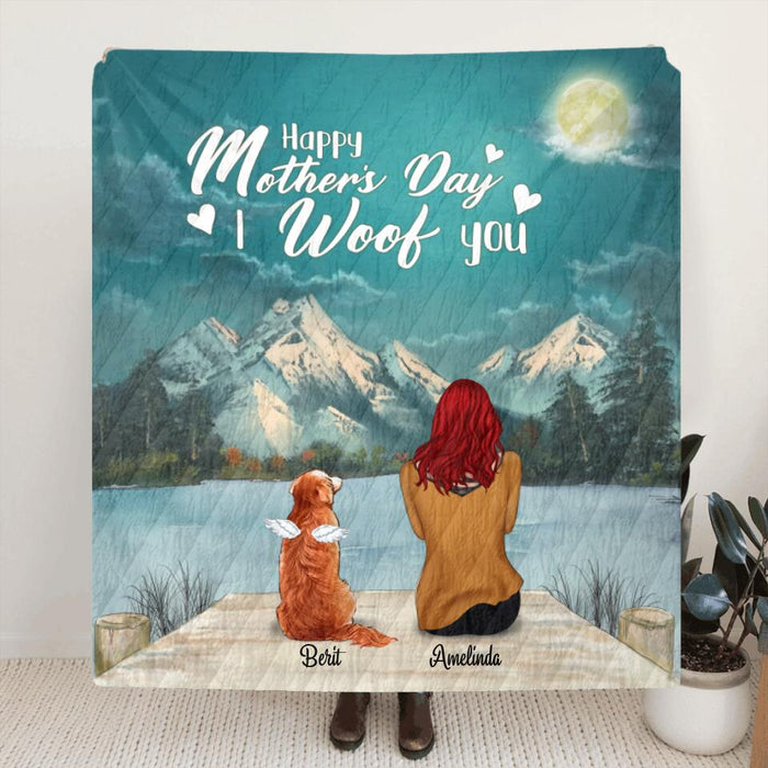 Personalized Mother's Day Gift Idea For Dog Mom, Cat Mom - Mom and Upto 5 Pets Fleece Blanket/Quilt Blanket - Happy Mother's Day I Woof You