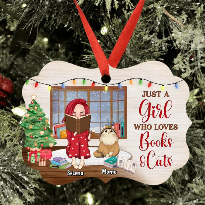 Custom Personalized Book Girl Ornament - Upto 2 Cats - Gift Idea For Book Lovers/Cat Lovers - Just A Girl Who Loves Books And Cats