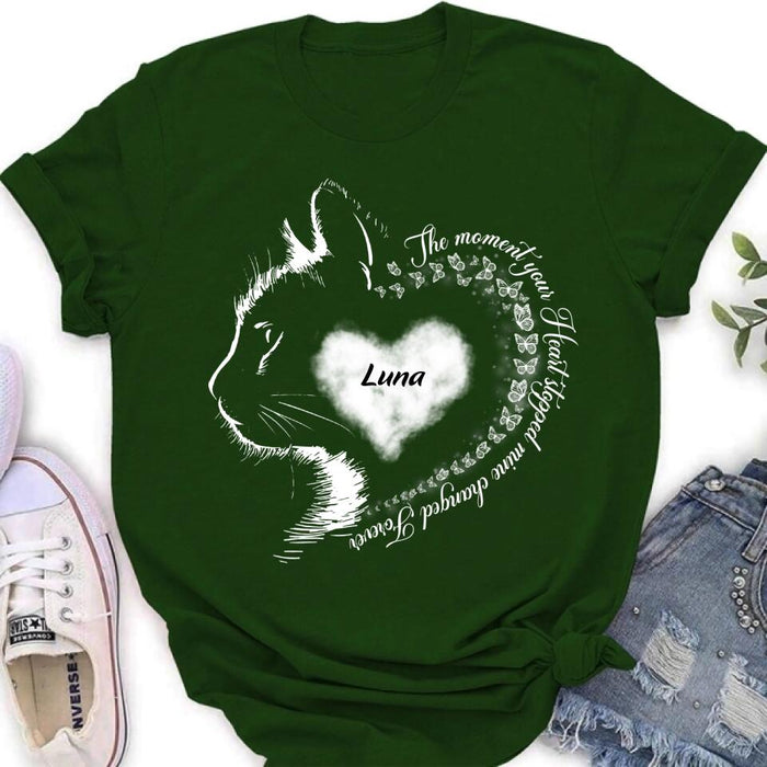 Custom Personalized Memorial Cat T-Shirt/ Long Sleeve/ Sweater/Hoodie - Memorial Gift For Loss Of Cat - The Moment Your Heart Stopped Mine Changed Forever