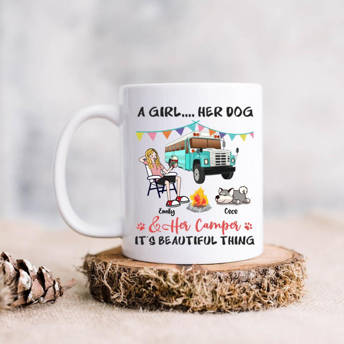 Custom Personalized A Camping Girl And Her Pet Coffee Mug - Upto 3 Pets - Gift For Dog/Cat/ Camping Lover