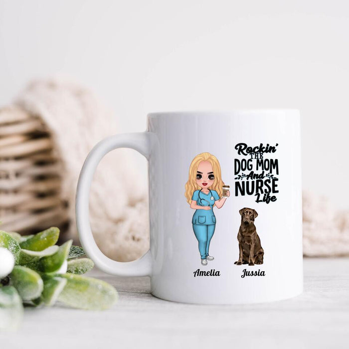 Custom Personalized Nurse Dog Mom Coffee Mug - Upto 5 Dogs - Gift Idea For Dog Lover - Rockin' The Dog Mom And Nurse Life