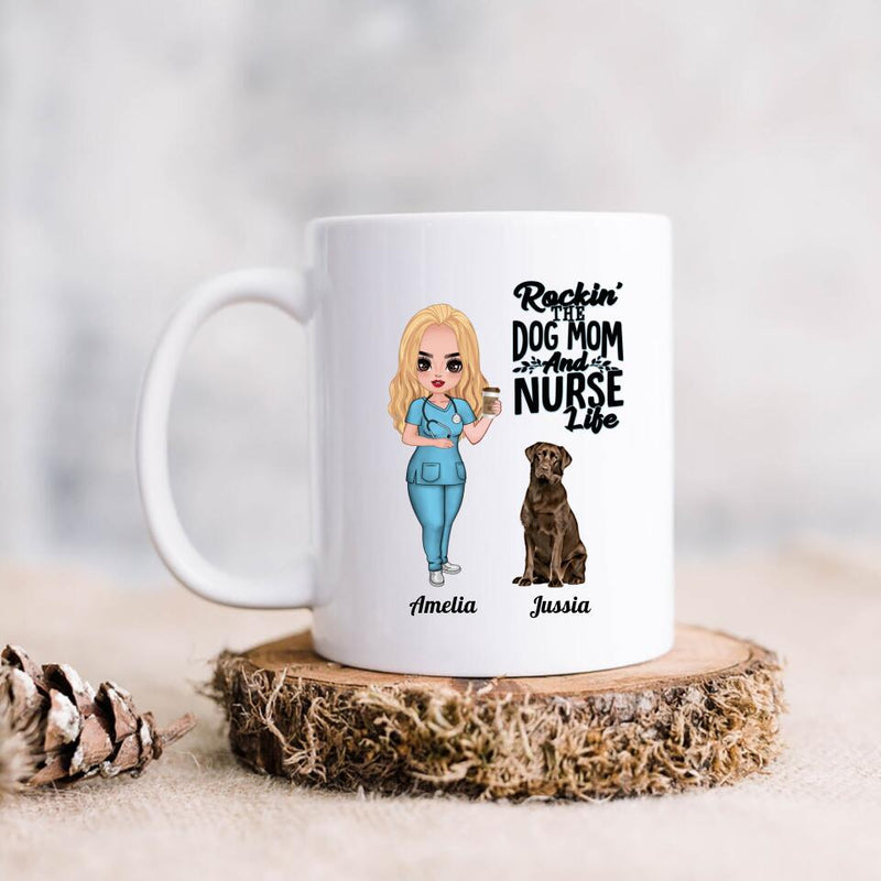 Personalized Nurse Dog Mom Coffee Mug - Up to 5 Dogs - Gift Idea For Dog Lover - Rockin' The Dog Mom And Nurse Life