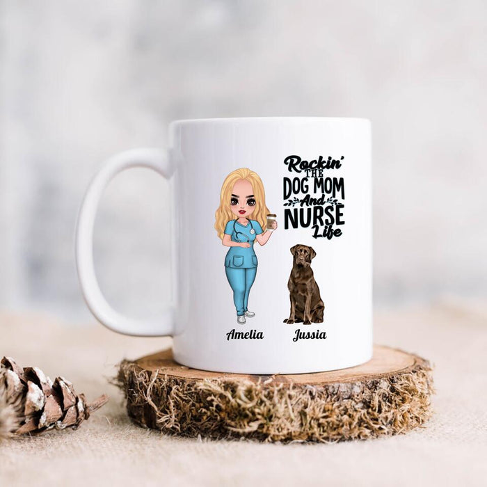 Custom Personalized Nurse Dog Mom Coffee Mug - Upto 5 Dogs - Gift Idea For Dog Lover - Rockin' The Dog Mom And Nurse Life