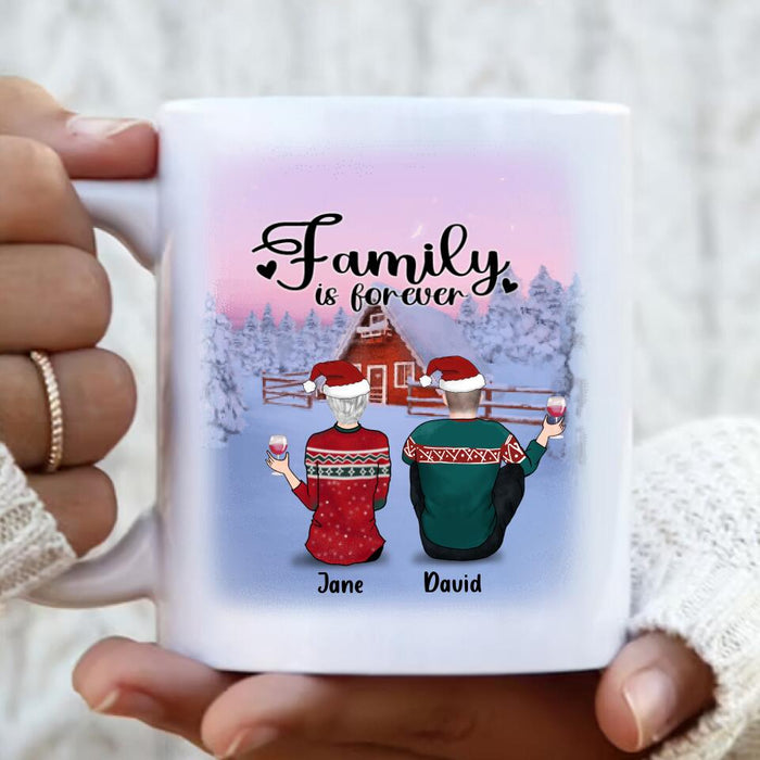 Custom Personalized Christmas Family Coffee Mug - Couple/ Parent With Upto 3 Pets And 2 Kids - Gift Idea For Dog/ Cat Lover - Family Is Forever