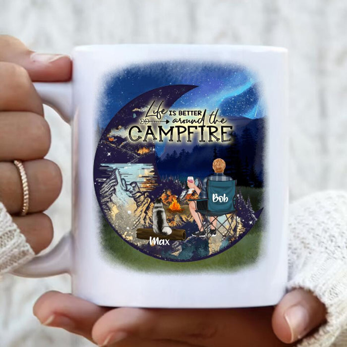 Custom Personalized Camping Moon Coffee Mug - Man/ Woman/ Couple/ Parents With Upto 2 Kids And 4 Pets - Gift For Camping Lover - Life Is Better Around The Camfire