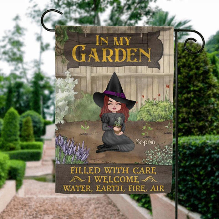 Custom Personalized Garden Witch Flag Sign - Gift Idea For Halloween/Wiccan Decor/Pagan Decor - In My Garden Filled With Care, I Welcome Water, Earth, Fire, Air