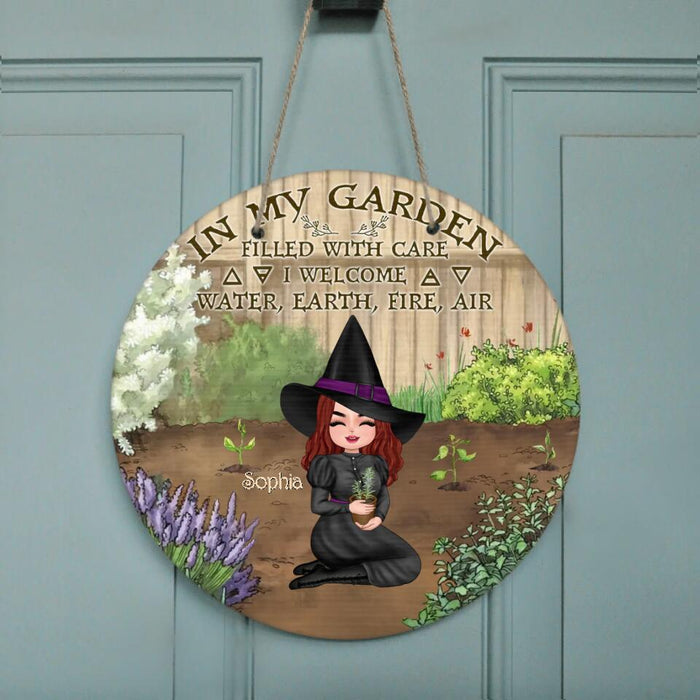 Custom Personalized Garden Witch Circle Wooden Sign - Gift Idea For Halloween Day/Home Decor - In My Garden Filled With Care, I Welcome Water, Earth, Fire, Air