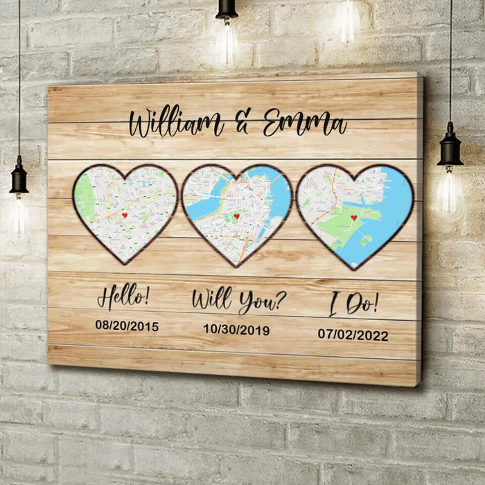 Custom Personalized Map Anniversary Canvas - Anniversary Gift Idea For Couple - Hello, Will You, I Do