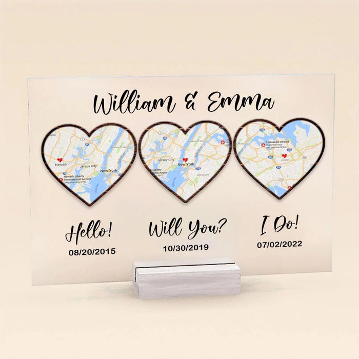 Custom Personalized Map Anniversary Acrylic Plaque - Anniversary Gift Idea For Couple - Hello, Will You, I Do