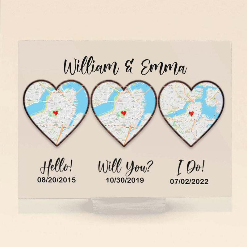 Personalized Map Anniversary Acrylic Plaque - Anniversary Gift Idea For Couple - Hello, Will You, I Do