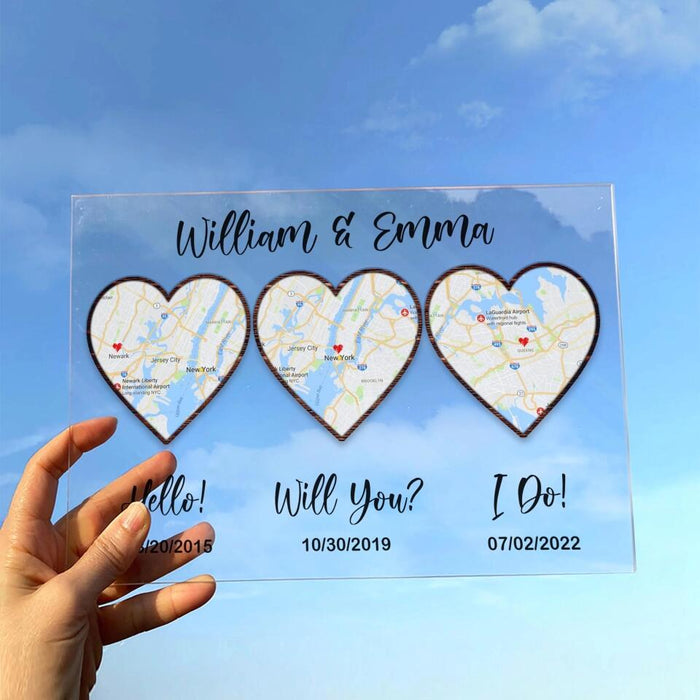 Custom Personalized Map Anniversary Acrylic Plaque - Anniversary Gift Idea For Couple - Hello, Will You, I Do