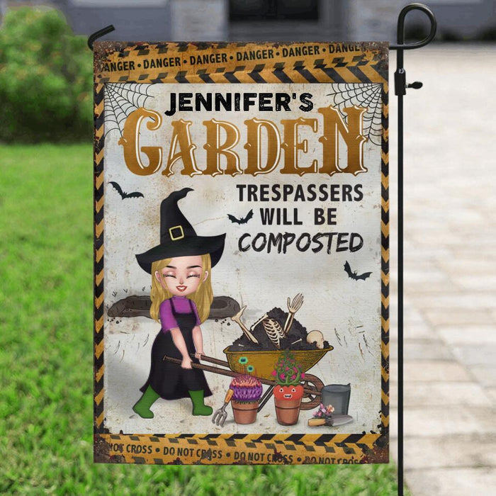 Custom Personalized Halloween Garden Girl Flag Sign - Gift Idea For Halloween/Garden Lovers - Jennifer's Garden Trespassers Will Be Composted