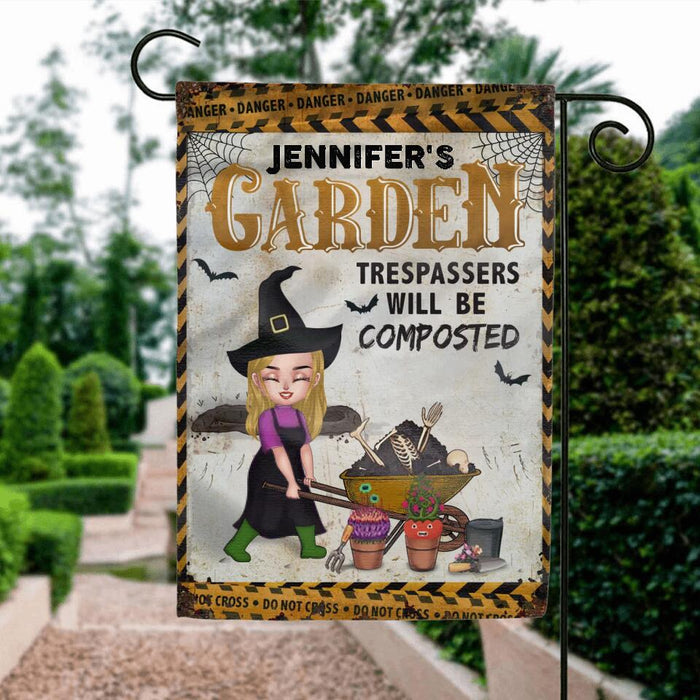 Custom Personalized Halloween Garden Girl Flag Sign - Gift Idea For Halloween/Garden Lovers - Jennifer's Garden Trespassers Will Be Composted