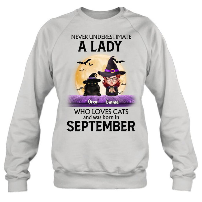 Custom Personalized Cat Lady Shirt - Upto 6 Cats -  Gift Idea For Halloween/Cat Lovers - Never Underestimate A Lady Who Loves Cats And Was Born In September