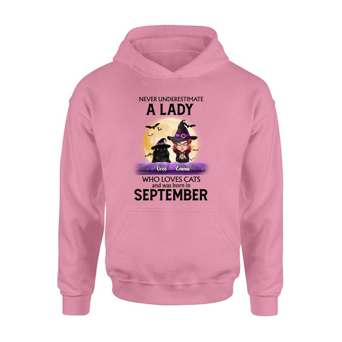 Custom Personalized Cat Lady Shirt - Upto 6 Cats -  Gift Idea For Halloween/Cat Lovers - Never Underestimate A Lady Who Loves Cats And Was Born In September