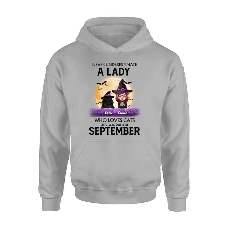 Personalized Cat Lady Shirt - Up to 6 Cats - Gift Idea For Halloween/Cat Lovers - Never Underestimate A Lady Who Loves Cats And Was Born In September