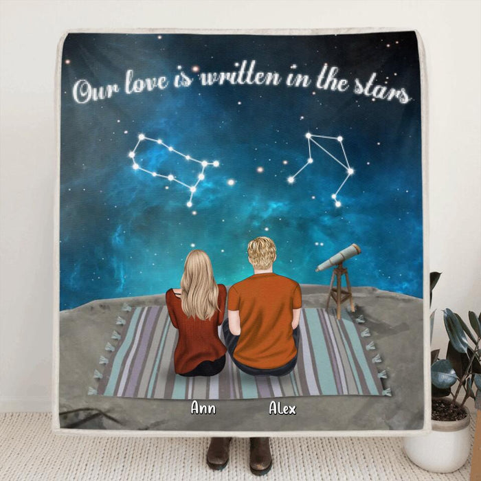 Personalized Quilt Blanket, Gift For Couple - Zodiac Star Signs Night Sky For Best Zodiac Couple - Our Love Is Written In The Stars