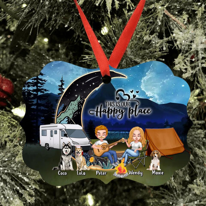 Personalized Camping Moon Ornament - Gift Idea For Camping Lover/ Couple/ Dog Lover - Couple With Upto 3 Dogs - This Is Our Happy Place