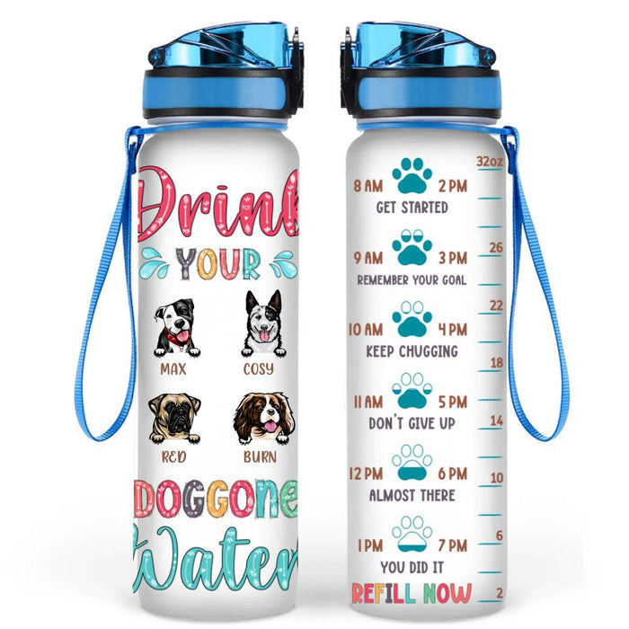 Custom Personalized Front Dog Water Tracker Bottle - Gift Idea For Dog Lovers with up to 4 Dogs - Drink Your Doggone Water