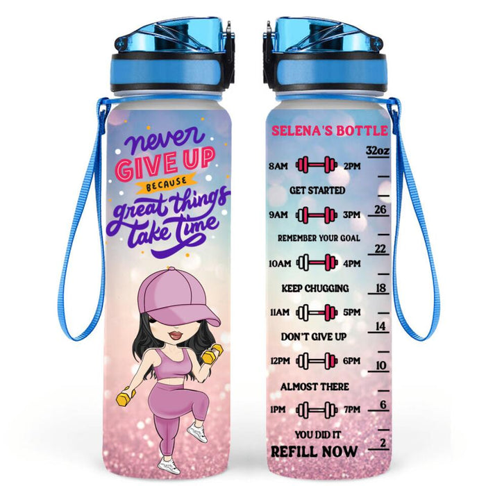Custom Personalized Fitness Girl Water Tracker Bottle - Gift Idea For Fitness Lovers - Never Give Up Because Great Things Take Time