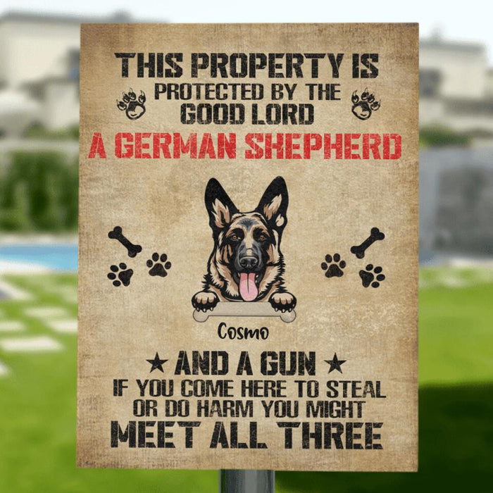 Custom Personalized Dog Metal Sign - Upto 4 Dogs - Best Gift For Dog Lover - This Property Is Protected By The Good Lord - JN3EUF