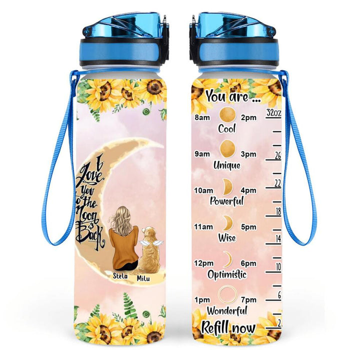 Custom Personalized Pet Mom Sunflower Water Tracker Bottle - Gift Idea For Dog/ Cat Lovers - I Love You To The Moon & Back