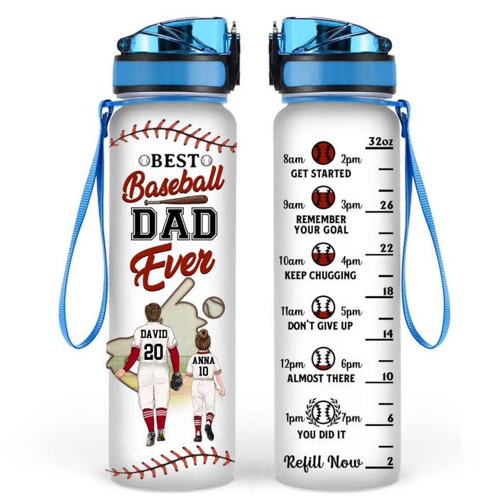 Custom Personalized Baseball Dad Water Tracker Bottle - Upto 3 Children - Gift Idea for Father's Day/Baseball Lover - Best Baseball Dad Ever