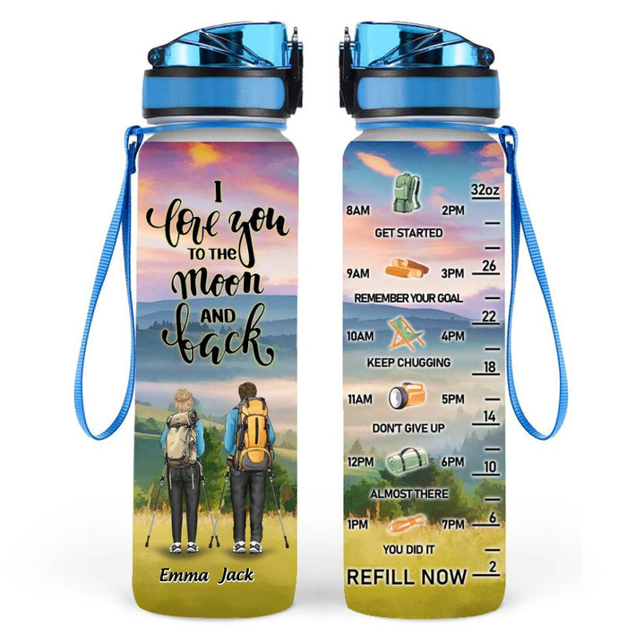 Custom Personalized Hiking Water Tracker Bottle - Adult/ Couple With Upto 3 Dogs - Gift Idea For Couple/ Hiking Lover - Making Memories And Leaving Footprints