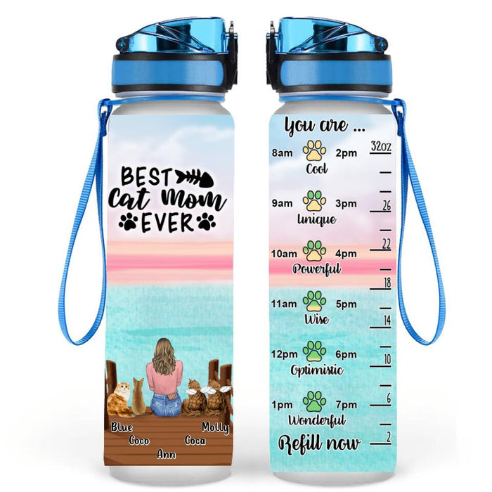 Custom Personalized Cat Mom Water Tracker Bottle - Gift Idea For Cat Lover with up to 4 Cats - Best Cat Mom Ever