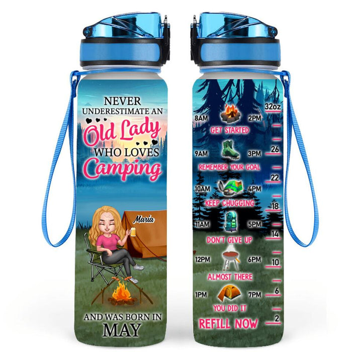 Custom Personalized Camping Queen Water Tracker Bottle - Gift Idea For Camping Lovers - Never Underestimate An Old Lady Who Loves Camping And Was Born In May