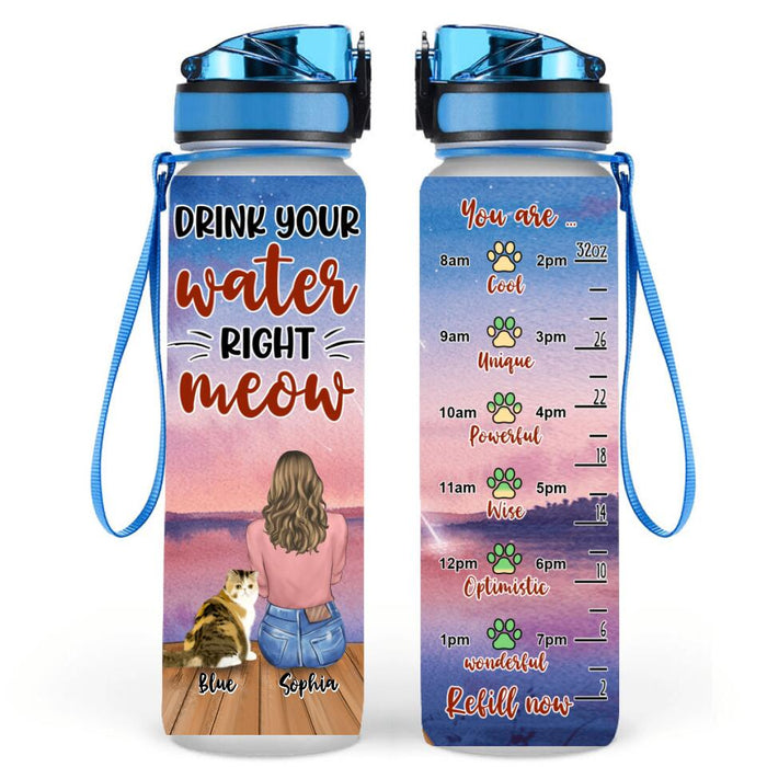 Custom Personalized Cat Mom/ Cat Dad Water Tracker Bottle - Upto 3 Cats - Gift Idea For Cat Lover - Mother's Day/ Father's Day Gift - Drink Your Water Right Meow