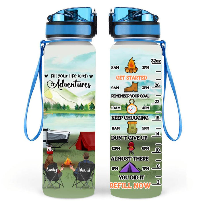 Custom Personalized Camping Water Tracker Bottle - Adult/ Couple/ Parents With Up to 2 Kids And 3 Pets - Gift Idea For Camping Lover - Fill Your Life With Adventures