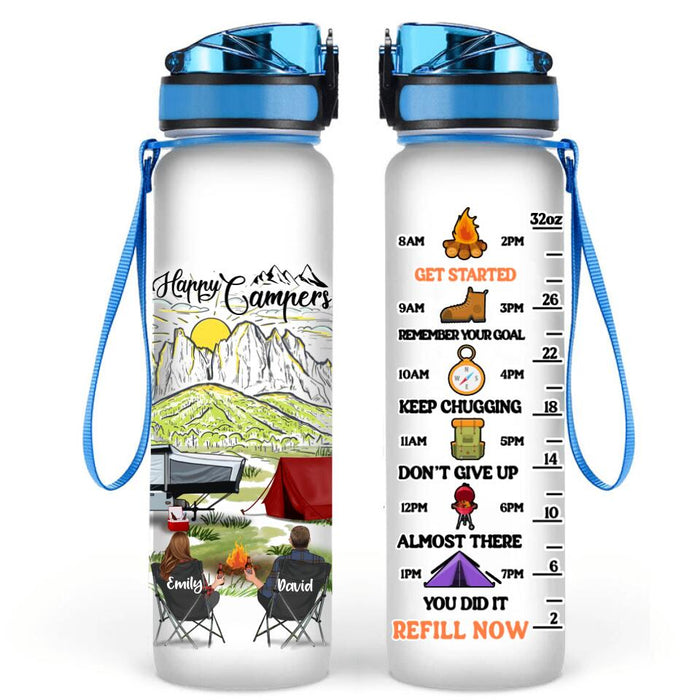 Custom Personalized Camping Water Tracker Bottle - Adult/ Couple/ Parents With Up to 2 Kids And 3 Pets - Gift Idea For Camping Lover - Happy Campers